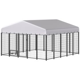 9.8' x 9.8' x 6' Outdoor Dog Kennel, Dog Kennel Outside Run with 360Â° Rotating Bowls, Waterproof & UV Resistant Cover